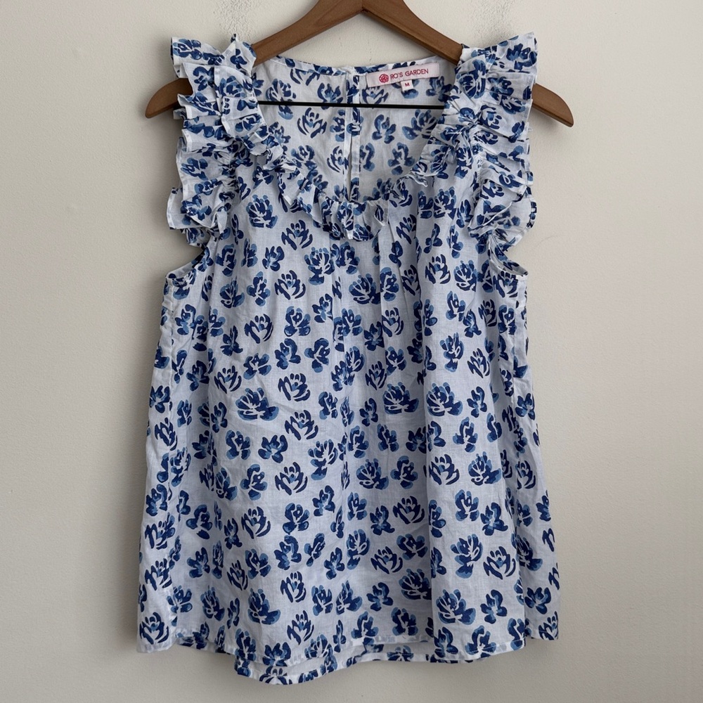 Blue Floral Ruffle-Sleeve Crop Top - Rose Garden